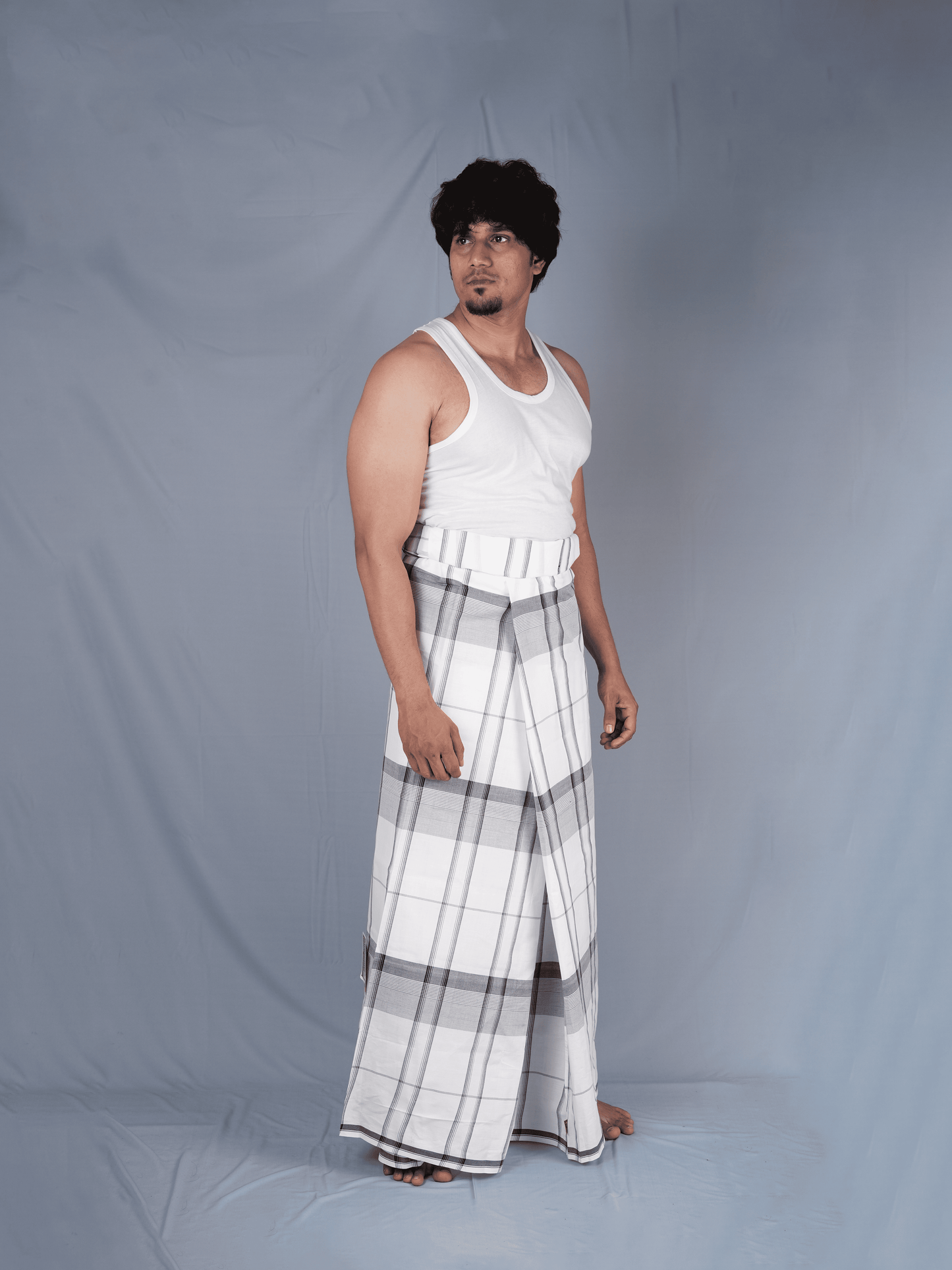 2.15 Mtrs 303 Supreme Milk White Check Lungie Model 3