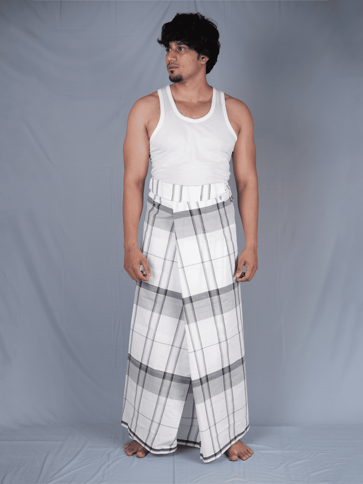 2.15 Mtrs 303 Supreme Milk White Check Lungie Model 3
