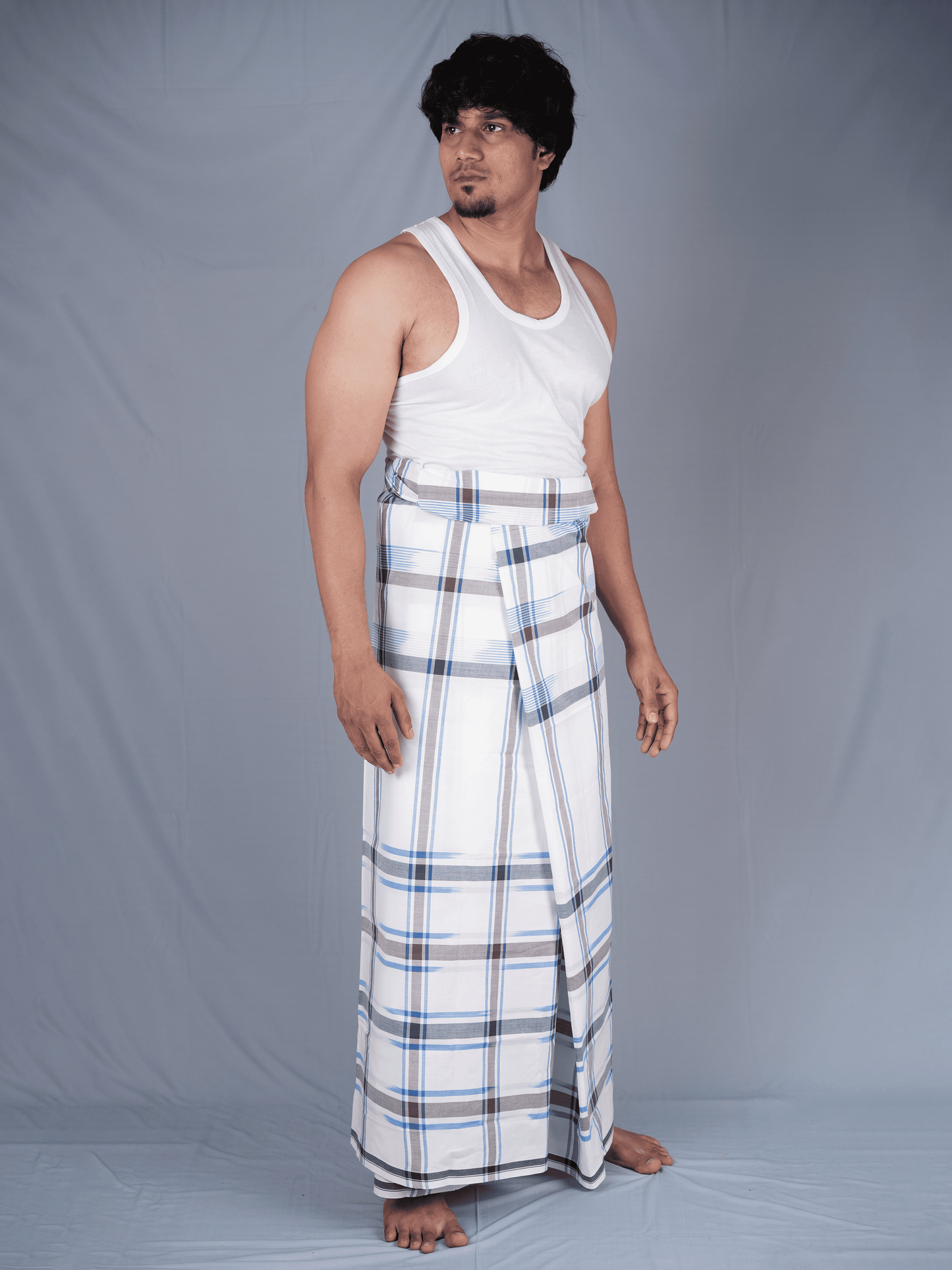 2.15 Mtrs 303 Supreme Milk White Check Lungie Model 5